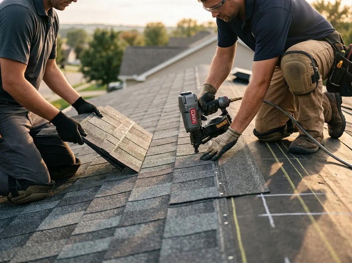 Professional roofer working on a residential roof in Grosse Pointe Woods